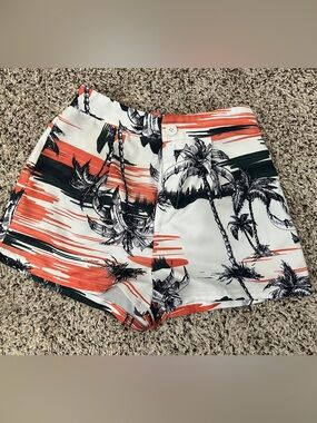 Women’s Tropical Print High-Waist Shorts in Cream and Orange